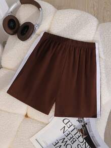 1pc Tween Girls'Summer Loose Shorts,Brownstriped,Streetwear,Holiday,100 Cotton Relaxed Fit,Contrasting Side Ribbon Trim,Daily Wear,Leisure - Coffee Brown - View 2