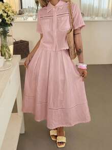 DAZY Spring/Summer Women's Elegant Lace Patchwork Pocket Shirt And Skirt 2 Pieces Set - Pink - View 2