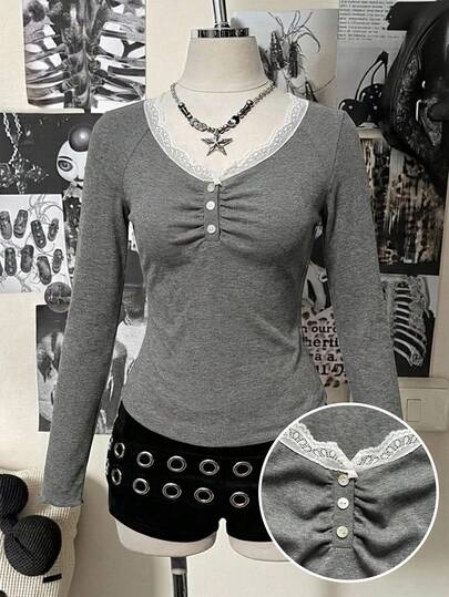 Attitoon Women's V-Neck Long Sleeve Lace Trim Fitted Vintage Romantic Elegant Comfortable Versatile Chic Henley T-Shirt, Suitable For Autumn/Winter/Spring/Summer, Suitable For Dates, Outings, Matching