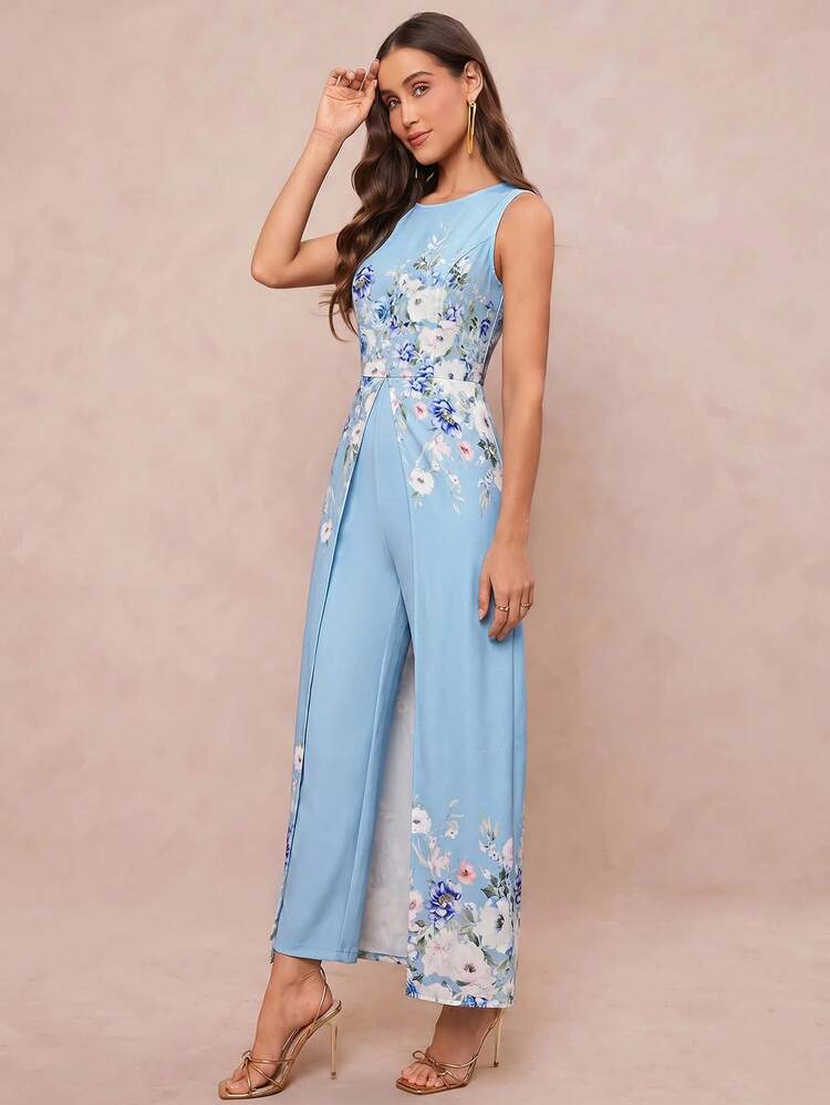 Amorya 女款優雅圓領花卉印花撞色連身褲 - 藍色 - 查看 7
