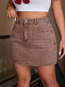 SHEIN ICON Plus Size Solid Color Casual Denim Mini Skirt - Rust Brown - View 5