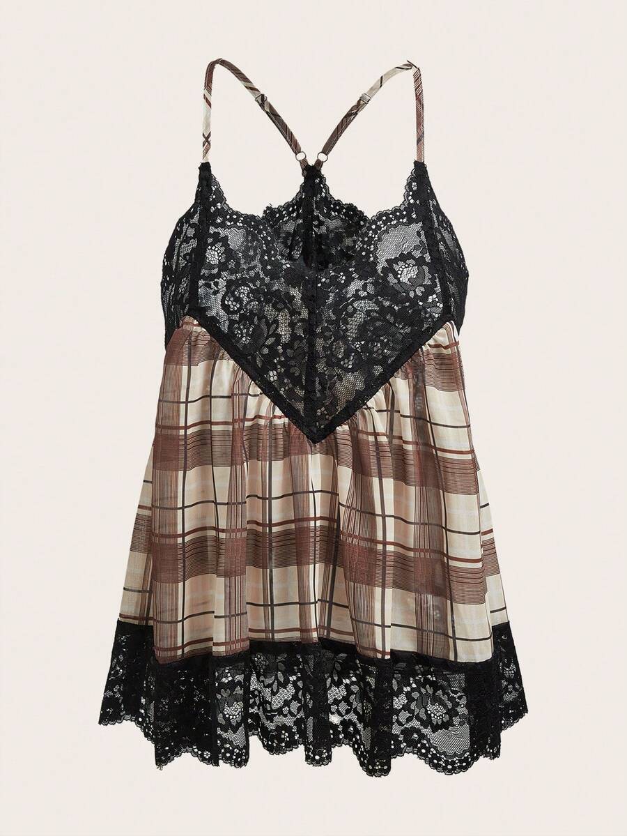 Easelle Bohemian Sexy Lace Patchwork Plaid Romantic Vacation Camisole For Women Night Out Beige Summer - Multicolor - View 1