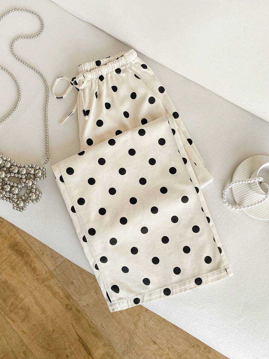 SHEIN Drawstring Waist Polka Dot Wide Leg Jeans - Multicolor - View 1