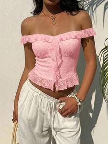 Aloruh Women's Solid Color Off Shoulder Fitted Ruffle Lace Blouse, Summer Vacation Light Pink Cute - Baby Pink - View 5