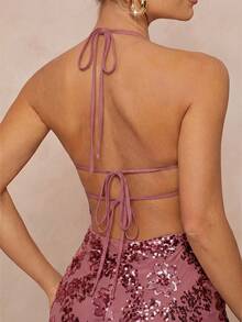 Lumalex Vestido con cuello de halter, cintura con lazo y dobladillo con flecos con detalles bordados y lentejuelas para mujer - Rosa - Ver 10