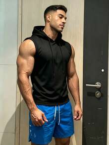 GymBeat Camiseta de tirantes deportiva con capucha y cordón ajustable de unicolor casual para hombres, verano, gimnasio, vacaciones - Negro - Ver 4