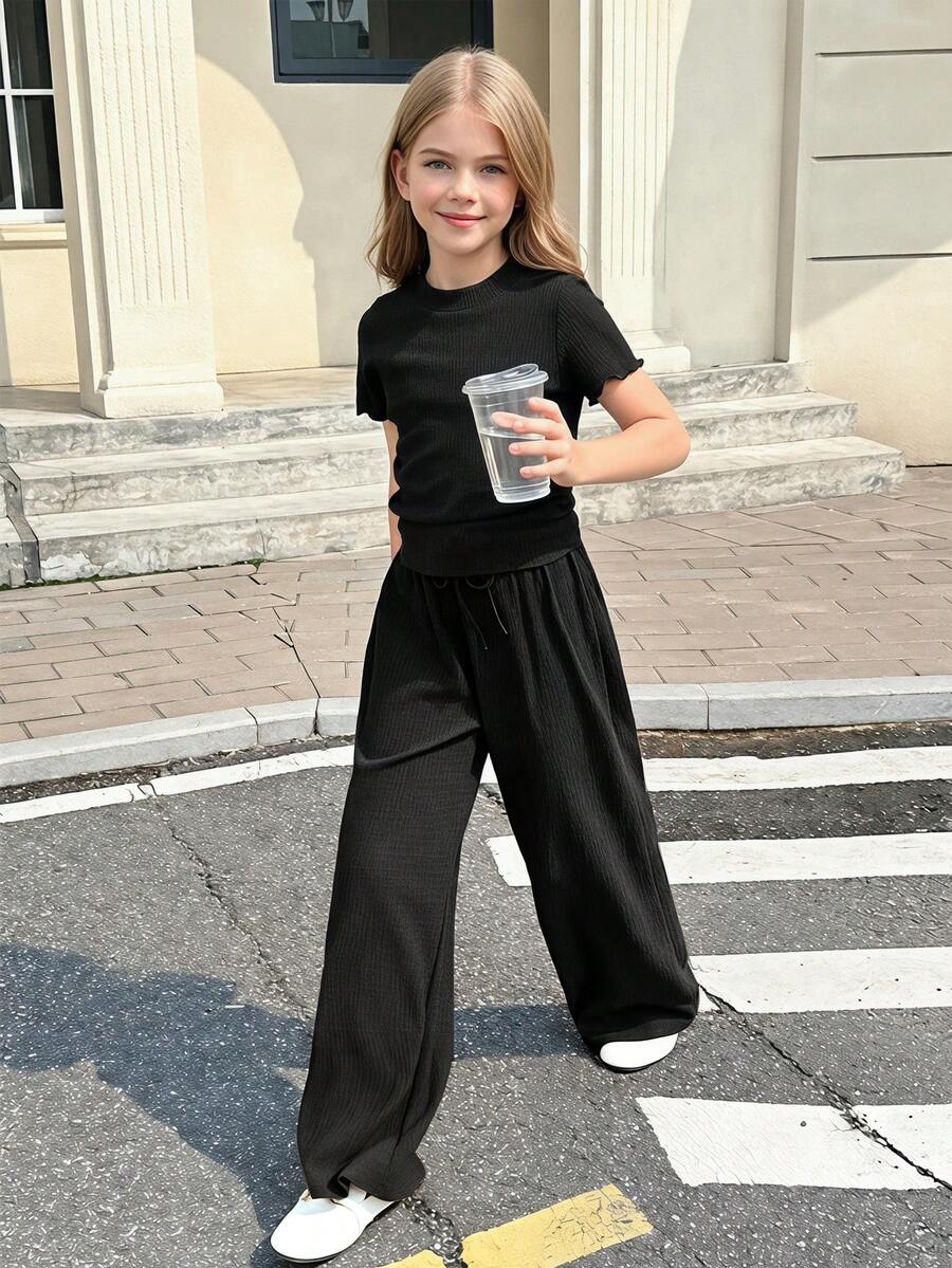 SHEIN 青少年女孩纯色针织侧褶立领贴身短袖上衣和阔腿裤两件套 - 黑色 - 查看 1