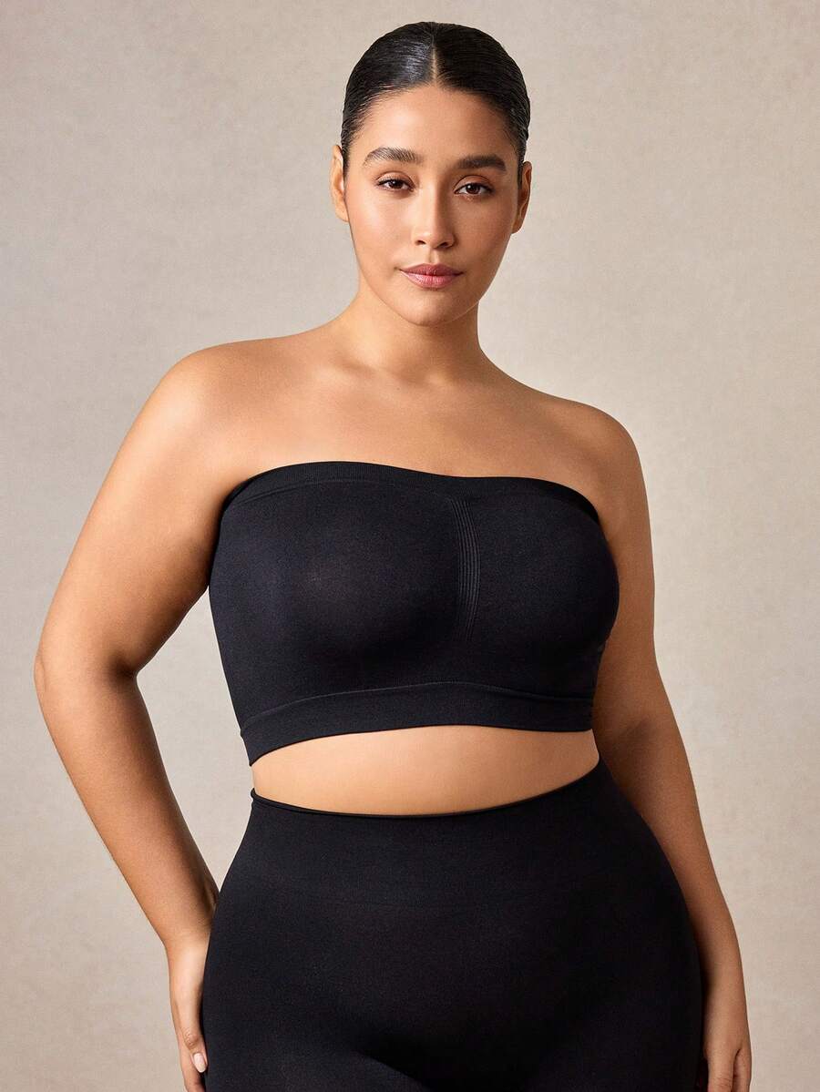 Veilyse 1pc Plus Size Women Seamless Wireless Bra, Black Full Coverage Comfortable Breathable Bandeau Bra