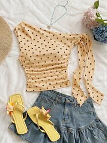 Women's Polka Dot Sleeveless Blouse With Ruching And Front Bow For KQTV - 黃色 - 查看 5