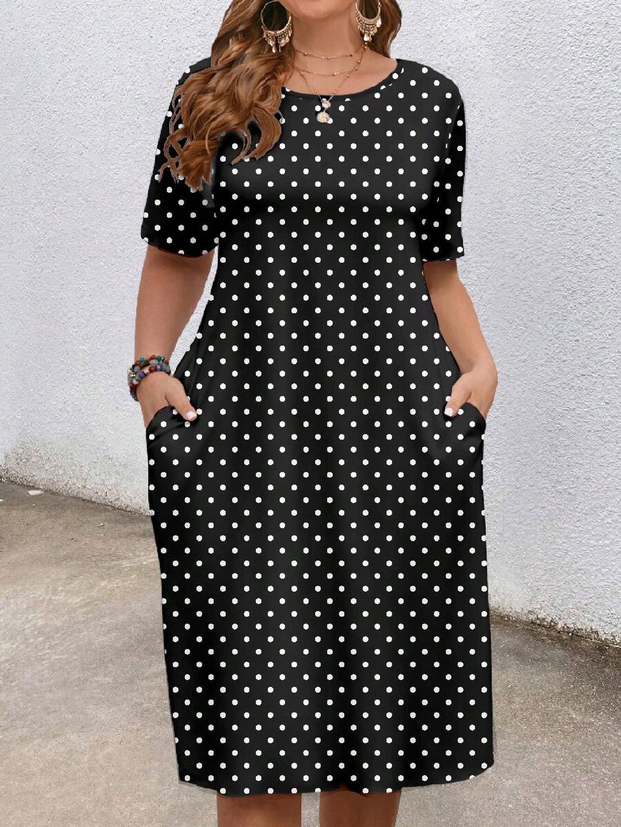 EMERY ROSE Plus Size Round Neck Short Sleeve Casual Dress With Pockets, Loose Polka Dot, Summer  Casual Dresses For Women - Multicolor - View 1