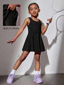 SHEIN Young Girl Solid Color Crew Neck Sleeveless Fitted Casual Dress Sportswear - Black - View 2