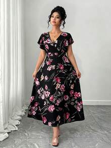 SHEIN Elenzya Plus Size Women Floral Print Ruffle Sleeve Casual Vacation Dress - Black - View 4