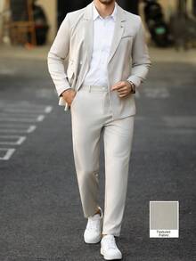 Manfinity Mode 男士隱扣雙排扣西裝套裝，商務休閒 2 件式正式穿著，適合婚禮、工作、送給男友/丈夫的禮物、老錢風、儀式 - 卡其色 - 查看 1