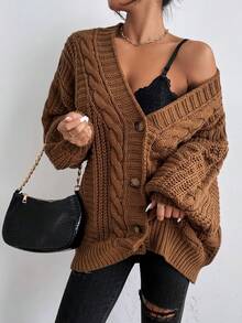 SoleilVie Áo len cardigan cài nút tay Bishop, áo dài tay - Cà phê nâu - Xem 7
