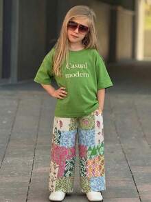 DAZY 女童字母印花圓領短袖上衣與長褲休閒居家服套裝 夏季 - 綠色 - 查看 4