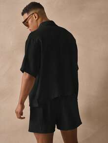 Musero Short Sleeve Boxy Button Through Collared Drop Shoulder Linen Shirt Spring Summer Holiday Essentials Beachside - Black - View 4