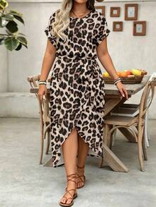 EMERY ROSE Plus Size Women Casual Leopard Print Slit Hem Round Neck Dress - Multicolor - View 4