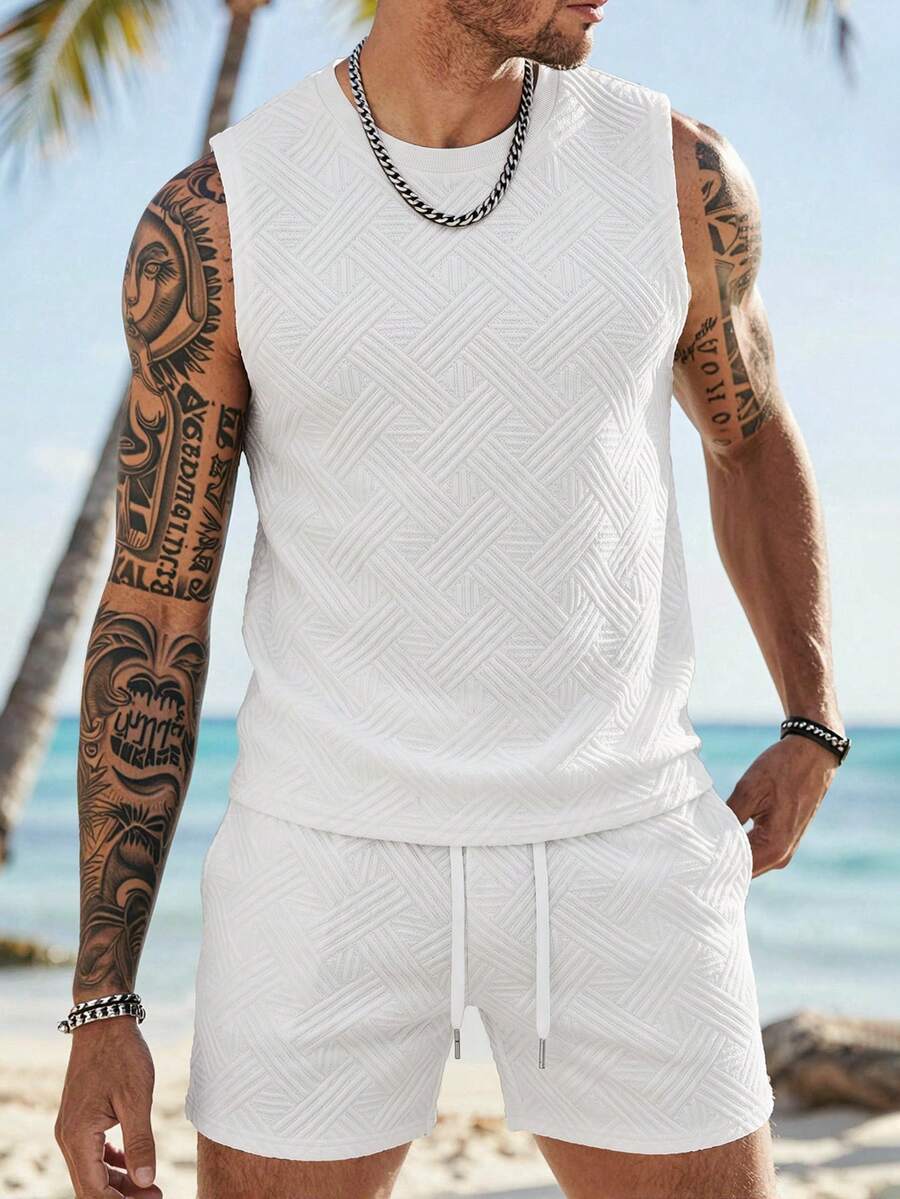 VENTUSAIL 男士夏季休闲纯色纹理背心和短裤套装 - 白色 - 查看 1