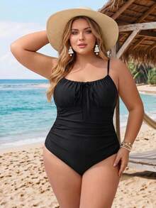 SHEIN CURVE+ Plus Size Solid Color Spaghetti Strap Tie Front One-Piece Swimsuit Beach Vacation White Summer Sexy - Black - View 6