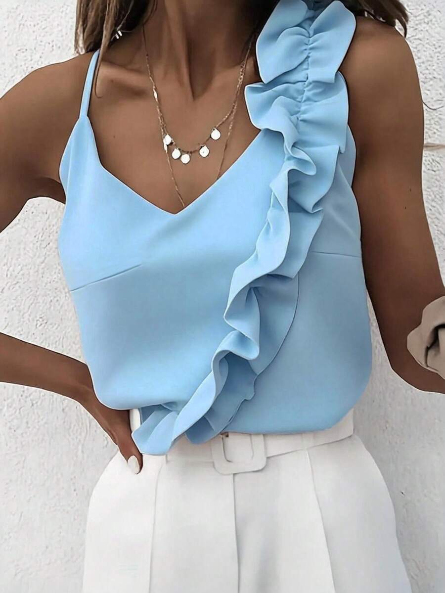 EMERY ROSE Women's Sweet V-Neck Ruffle Trim Sexy Backless Camisole - Baby Blue - View 1