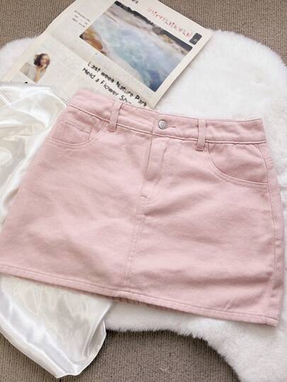 DAZY Women's Casual Versatile Denim Skirt With Pockets, Suitable For Back To School Season, Daily Wear, Light Pink, Summer Versatile