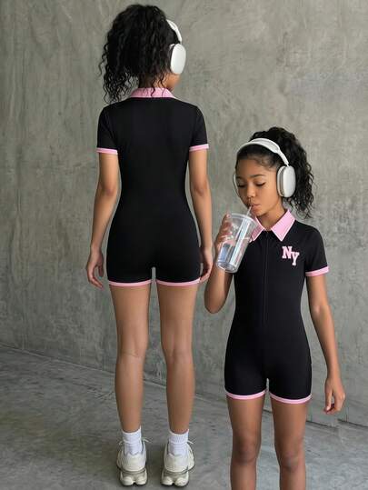 Tween Girls' Colorblock Half-Zip Jumpsuit, Pink & Black, Casual Wear For Back To School