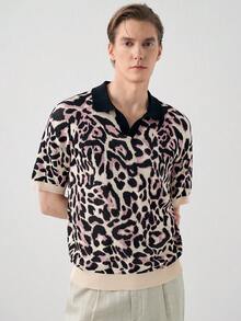 Manfinity CityGents 男士豹紋針織 Polo 衫，米色夏季優雅短袖休閒寬鬆上衣，適合晚宴派對、度假、海灘與熱帶出遊 - 彩色 - 查看 4