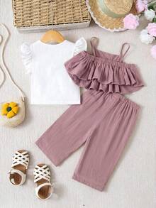 SHEIN Leap Crew 3件套女婴休闲荷叶边吊带背心和松紧腰裤套装 - 淺灰紫 - 查看 2