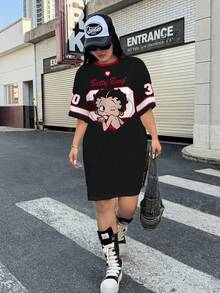 Betty Boop x SHEIN Plus Size Cartoon Print Short Sleeve Dress - White - View 3