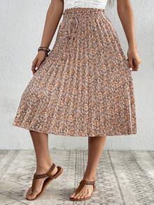 SHEIN VCAY Váy xếp ly thanh lịch thắt eo họa tiết hoa nhí dành cho nữ cỡ lớn - Nhiều màu - Xem 5