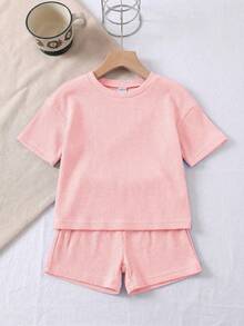 SHEIN LMoss Kids 两件套女童针织纯色圆领宽松T恤和修身短裤套装 - 粉色 - 查看 5