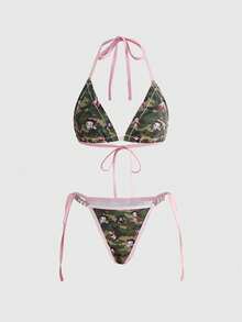 Betty Boop | ROMWE Bộ đồ lót IP Collaboration họa tiết rằn ri phối viền tương phản gồm áo bralette cổ yếm & quần lót dây - màu xanh lá - Xem 1