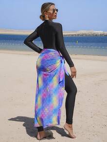Swim Shayni Women's 3-Piece Set Shell Pattern Position Print Summer Beach Vacation Outfit, Wrinkled Round Neck Long Sleeve Half-Zip One-Piece And Long Pants With Side Tie Mesh Skirt, Elegant Mature Burkini - Green - View 2