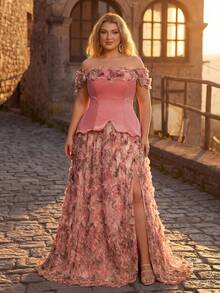 Glamrae Plus Size Dusty Pink Summer Elegant Formal Wedding Mesh Floral Print Patchwork Satin Asymmetric Maxi Dress,High Slit Gala Red Carpet Gown - Multicolor - View 9