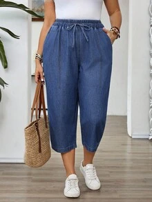EMERY ROSE EMERY ROSE Pantalones capri de mezclilla sencillos y casuales para tallas grandes - Azul lavado oscuro - Ver 4