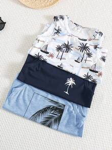 Bộ 3 áo tank top dệt kim dáng rộng không tay in họa tiết cây cọ phong cách thường ngày đi nghỉ cho bé trai tuổi teen, phù hợp đi học, đi chơi, mùa xuân & mùa hè - Màu xanh hải quân - Xem 4