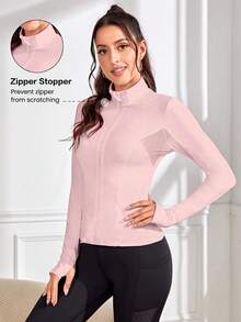 Gameset SHEIN Sport Letter Print Hollow-Out Patchwork Fitted Sports Jacket - Pink - View 5