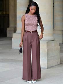 Mima John Maillard Wide Leg Elegant Modern High-Waisted Suit Pants, Vacation New Years - Rust Brown - View 3