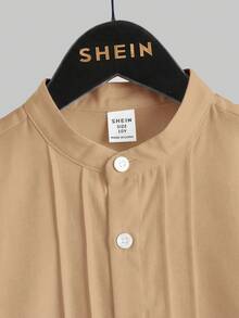 SHEIN Tween Boy Summer Casual Solid Color Front Button Short Sleeve Woven Shirt - Khaki - View 4