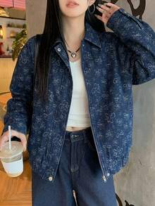 DAZY 女款花卉印花前拉鍊寬鬆休閒夾克校園風 - 藍色 - 查看 3
