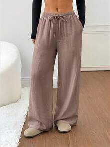 SHEIN PETITE 女款黑色純色亞麻低腰直筒休閒長褲，適合小個子女性，春夏秋季穿著 - 淺灰紫 - 查看 4