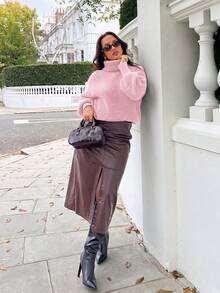 NegzBox Solid Color Drop Shoulder Long Sleeve Ribbed Turtleneck Casual Knit Pullover Sweater Pink - Pink - View 5