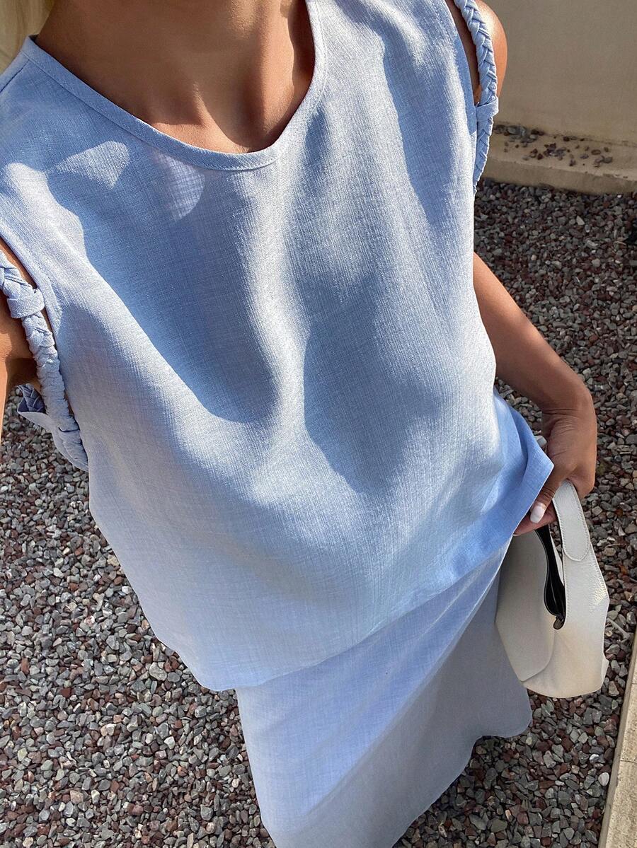 Livesso Spring Summer Aqua Blue Round Neck Sleeveless Solid Color Top Casual Minimalist Long Skirt Women's Two Pieces Set Vacation - Blue - View 1
