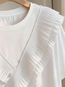 Resyla Lace Trim Decor Fashionable Minimalist Plus Size Women Long Dropped Shoulder Round Neck T-Shirt, Gift For Friend - White - View 3