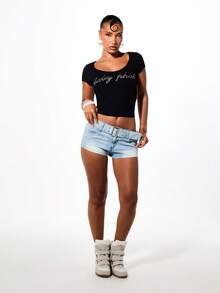 BABYPHAT Quần short denim cạp thấp có thắt lưng, ống quần xắn gấu, phong cách đường phố thường ngày mùa hè, lễ hội. - Màu xanh lam - Xem 3