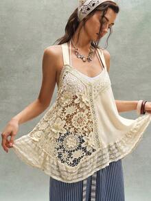 Camiseta de mujer con decoración de encaje y flores 3D, primavera/verano - Albaricoque - Ver 2