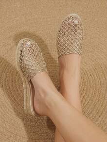 Styleloop Giày nữ đế xuồng mule hở lưng, gót dày, đan lưới vàng, đan dây thừng gai, chất liệu rơm, phong cách Boho, sandal mùa hè, phù hợp đi chơi, du lịch, hẹn hò, đi biển, phong cách thường ngày - Vàng - Xem 4