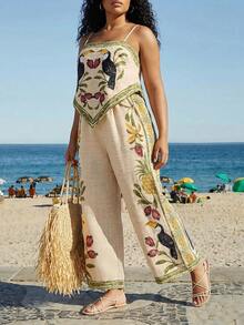 CAJUNI Plus Size Women Bird Print Asymmetric Hem Camisole And Wide Leg Pants Casual Outfit - Multicolor - View 1
