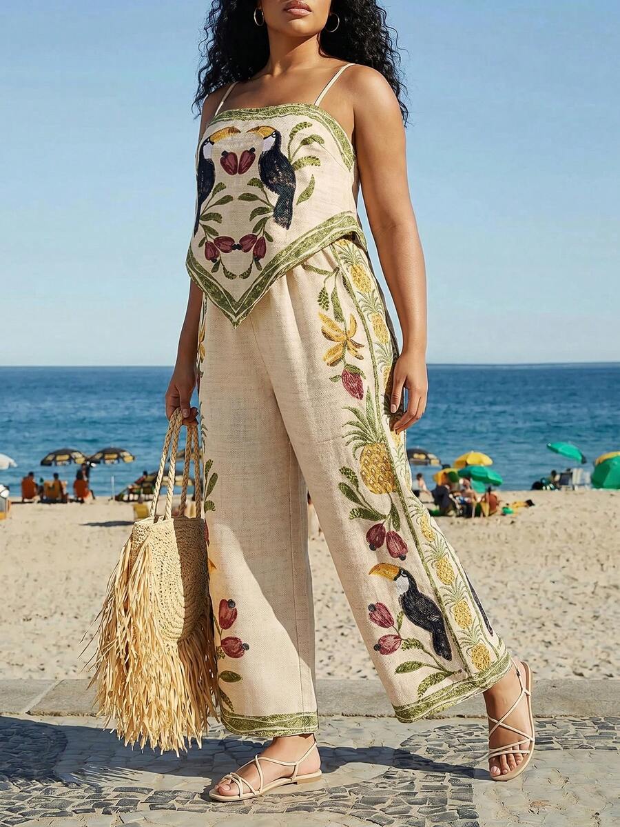 CAJUNI Plus Size Women Bird Print Asymmetric Hem Camisole And Wide Leg Pants Casual Outfit - Multicolor - View 1