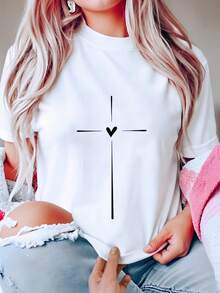 Nueva camiseta casual de manga corta y cuello redondo para mujeres, con diseño de estampado moderno, tejido suave y cómodo, y excelente caída. - Gris - Ver 10